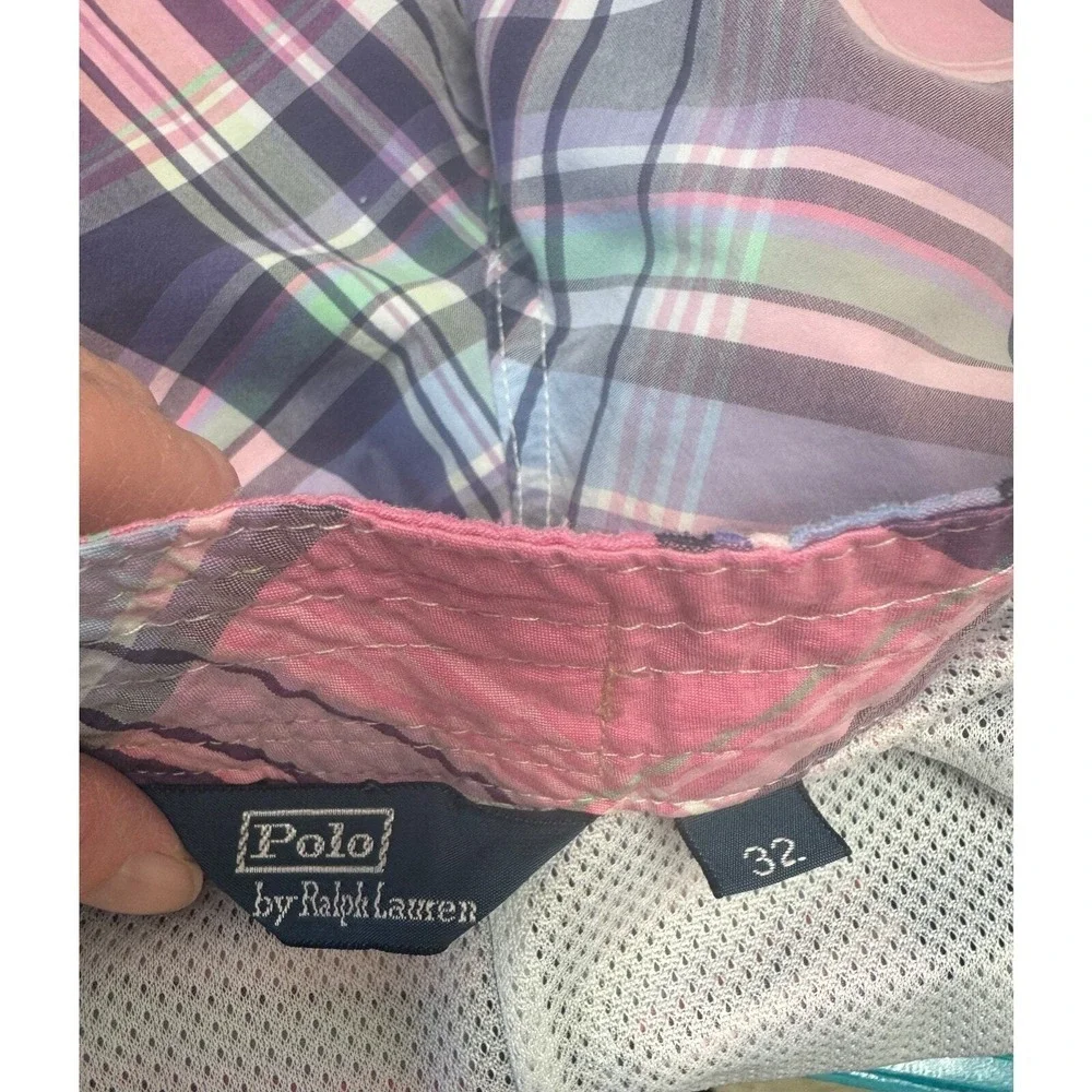 Polo Ralph Lauren Mens Swim Trunks Pink Purple Plaid Board Shorts 32 Inseam 7